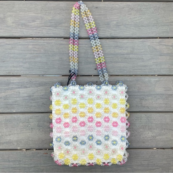 NWT Cynthia Rowley Beaded Rainbow Clear Daisy Flowers Glass Canvas Bag Tote